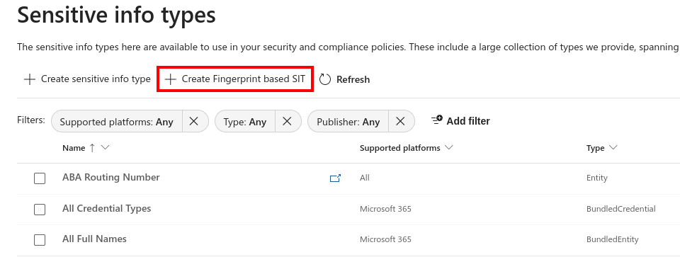 create fingerprint sit purview